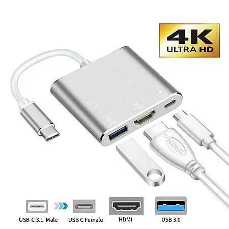 Αντάπτορας Type-C 3 σε 1 (USB, HDMI, Type-C) Hub