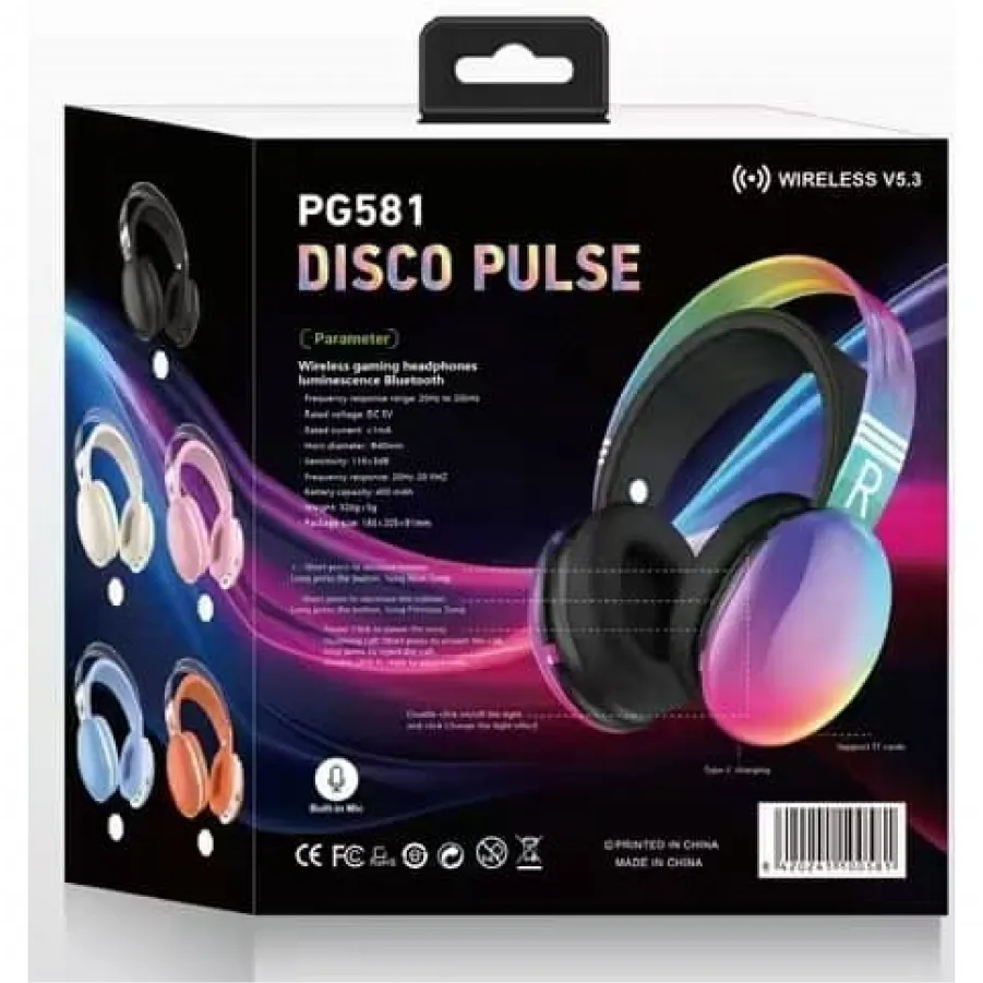 Ασύρματα Ακουστικά Κεφαλής PG581 με RGB Φωτισμό (Μπλε)