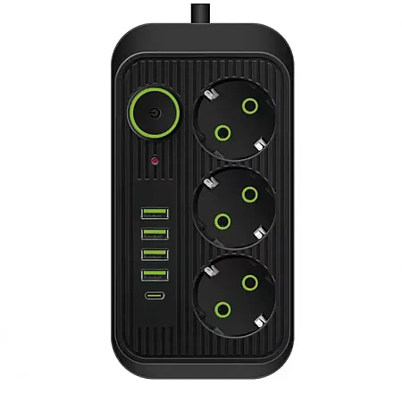 Πολύμπριζο Ασφαλείας Τριών Θέσεων με θύρες USB (Μαύρο)